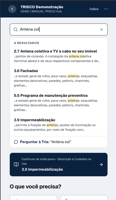 Busca no manual com resultados e a opção de perguntar à Tria